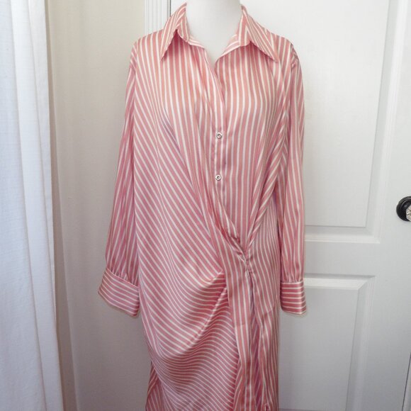 Zara Satin Striped Gathered Origami Long Sleeve Midi Shirt Dress Large - Picture 3 of 8